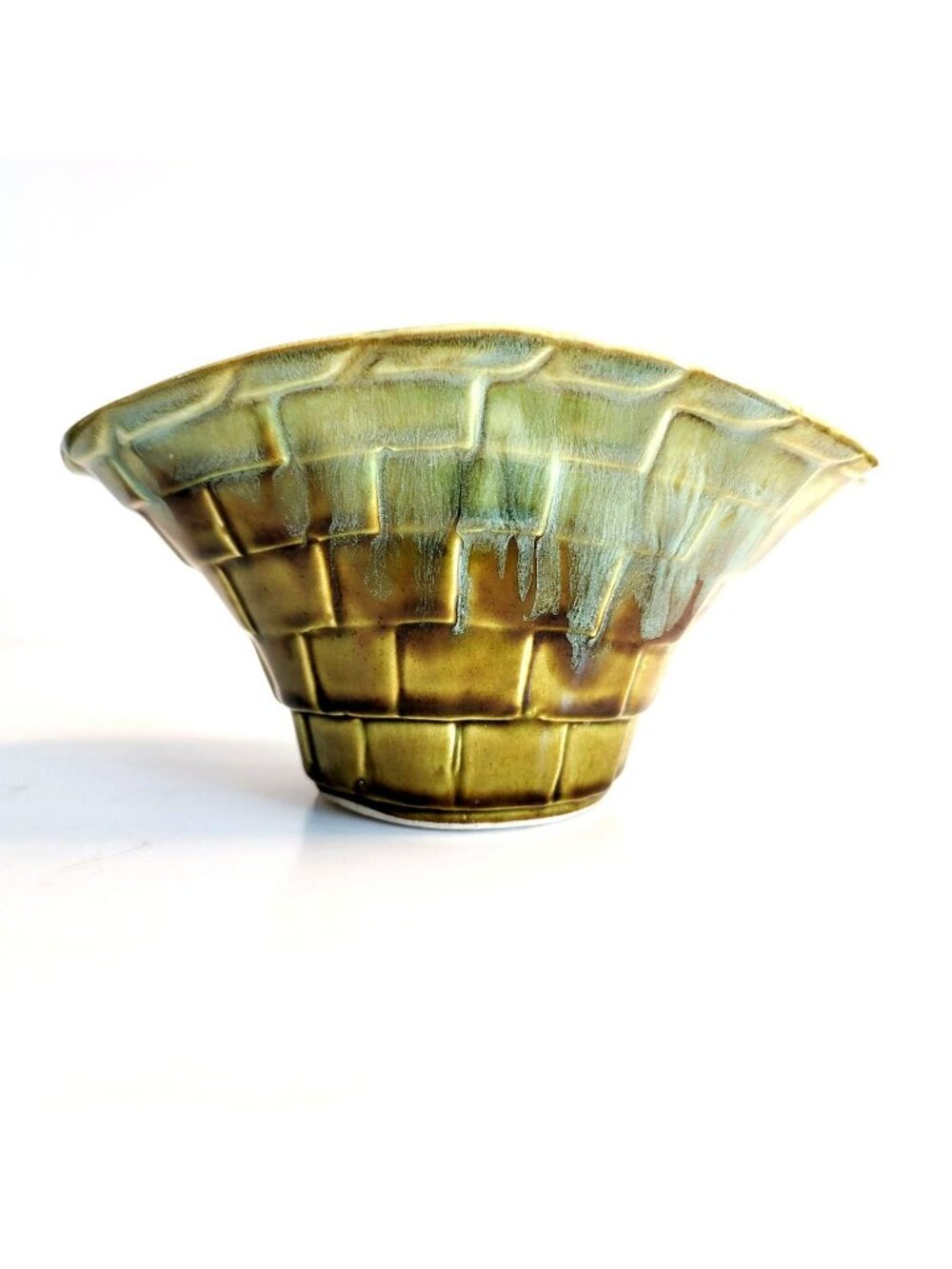 Vintage USA Pottery Basket Pot Green Drip Glazed Calif. FC-29 Woven Flared PR01